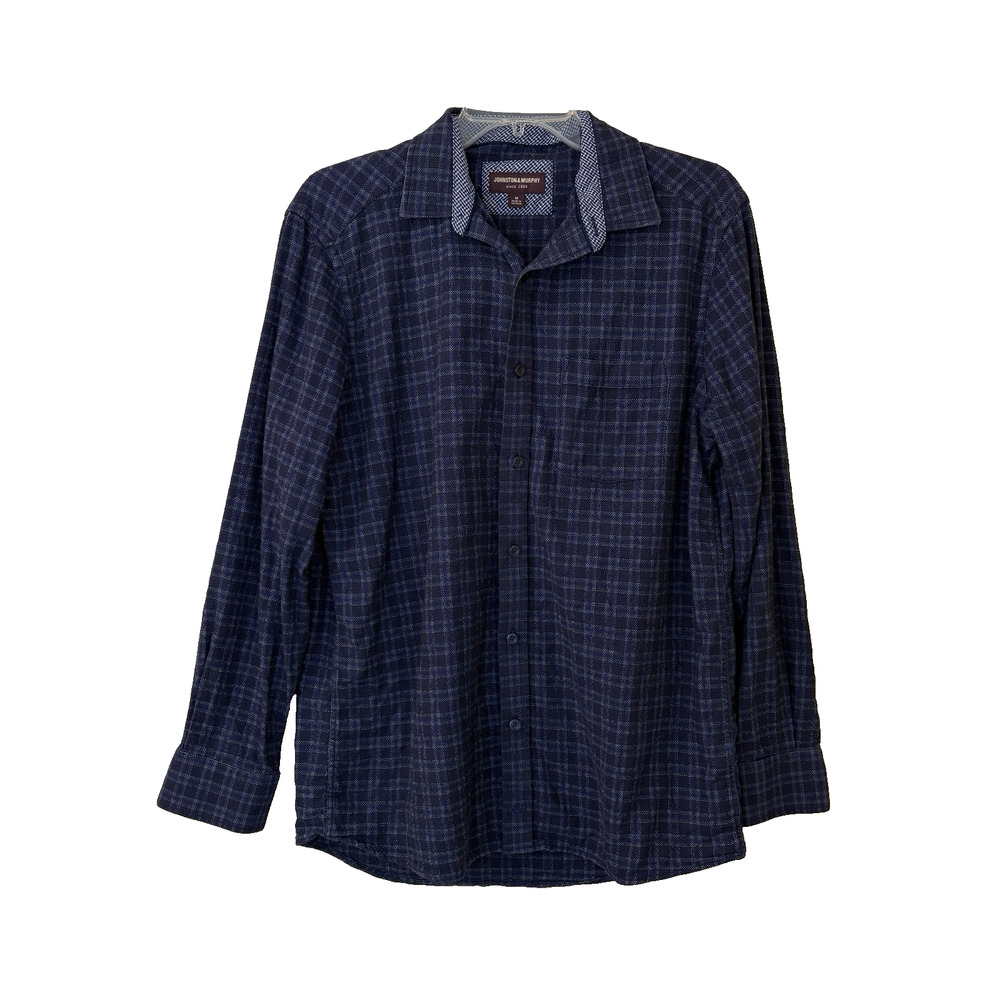 Johnston & Murphy Mens Dark Blue Plaid Print Button Down Shirt, Medium